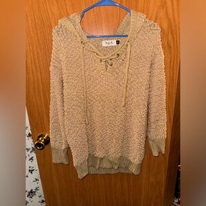 Tan Material Girls sweater with hood. Size Medium.